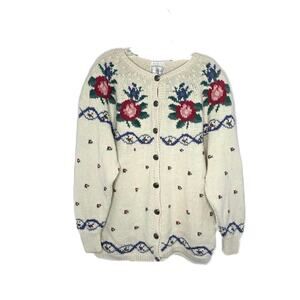 90s Knitted Cozy Cottage Floral Oversized Sweater Large